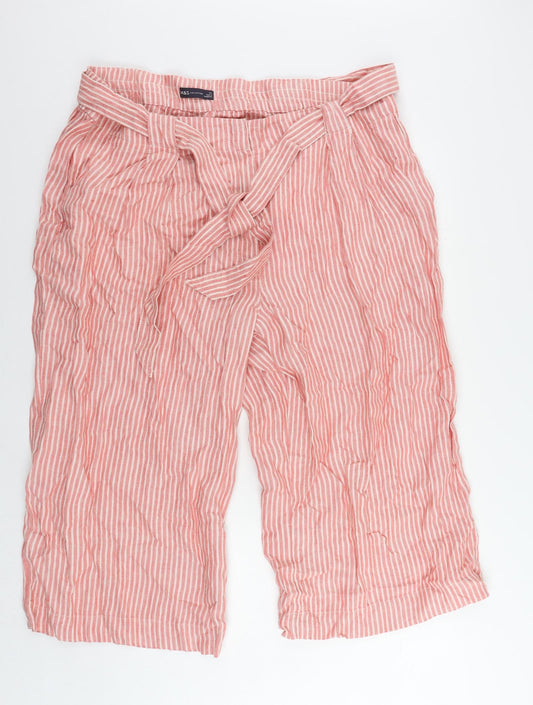 Marks and Spencer Womens Pink Striped Linen Cropped Trousers Size 24 L22 in Regular Zip