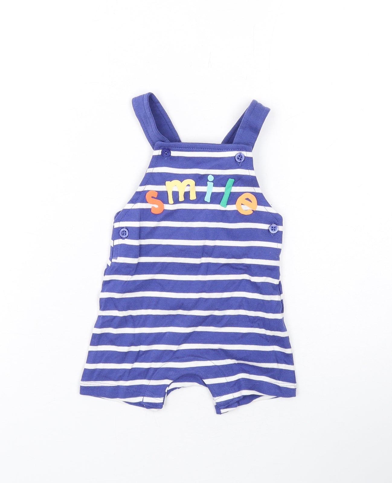 Marks and Spencer Baby Blue Striped Cotton Dungaree One-Piece Size 0-3 Months Snap - Smile