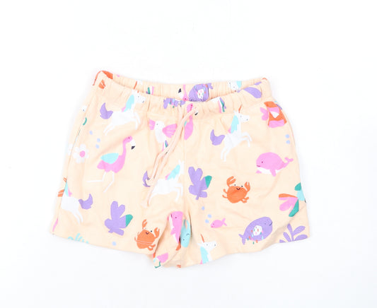 Marks and Spencer Girls Beige Geometric Cotton Sweat Shorts Size 6-7 Years Regular Drawstring - Animals