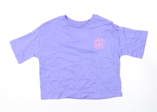 Marks and Spencer Girls Purple Cotton Cropped T-Shirt Size 10-11 Years Round Neck Pullover - Peace