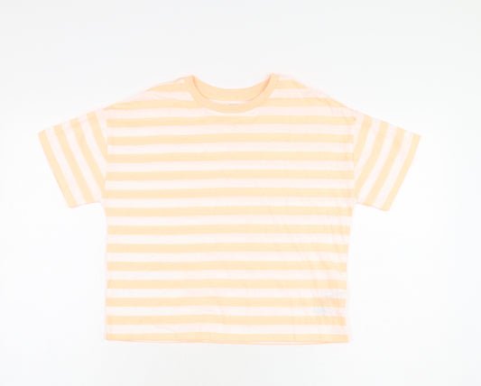 Marks and Spencer Boys White Striped Cotton Basic T-Shirt Size 11-12 Years Round Neck Pullover