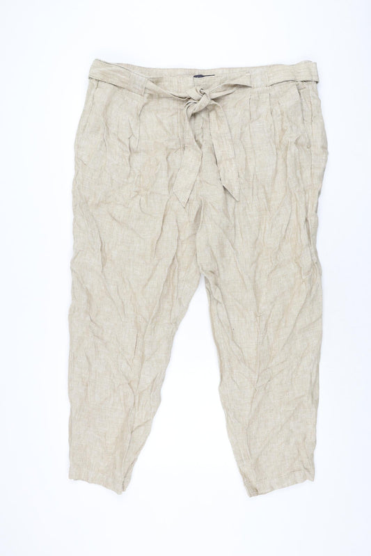 Marks and Spencer Womens Beige Linen Trousers Size 22 L27 in Regular Zip - Belted