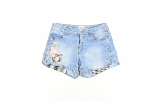 Mayoral Girls Blue Cotton Hot Pants Shorts Size 7 Years L3 in Regular Zip - Embroidered Flowers