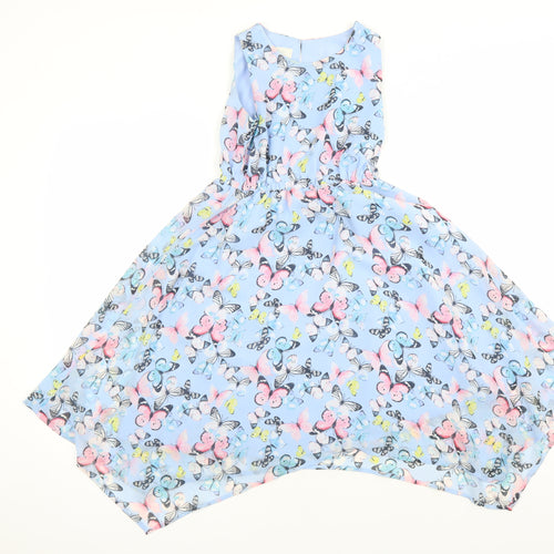 H&M Girls Blue Geometric Polyester Fit & Flare Size 7-8 Years Round Neck Button - Butterfly Pattern