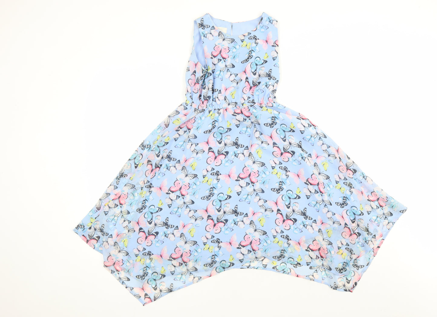 H&M Girls Blue Geometric Polyester Fit & Flare Size 7-8 Years Round Neck Button - Butterfly Pattern