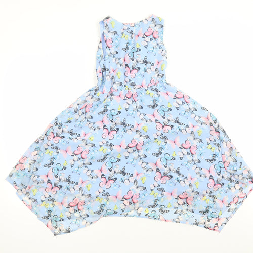 H&M Girls Blue Geometric Polyester Fit & Flare Size 7-8 Years Round Neck Button - Butterfly Pattern