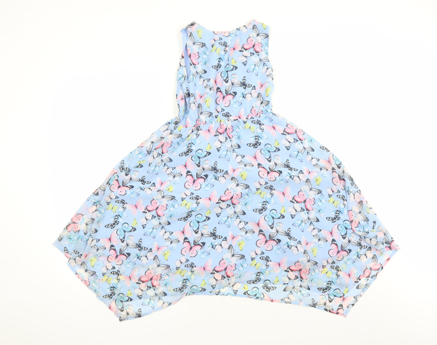 H&M Girls Blue Geometric Polyester Fit & Flare Size 7-8 Years Round Neck Button - Butterfly Pattern