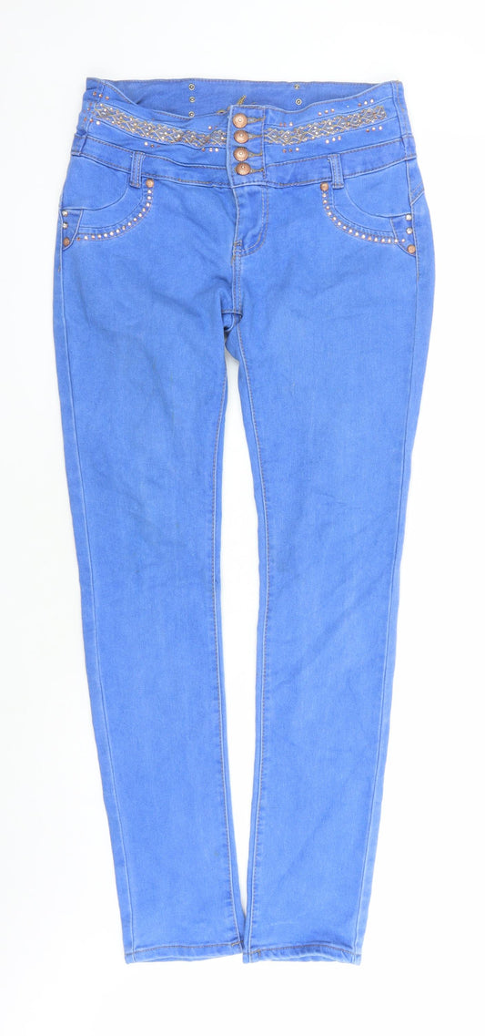 Armona Girls Blue Cotton Straight Jeans Size 13-14 Years L30 in Regular Zip - Rhinestone Detail