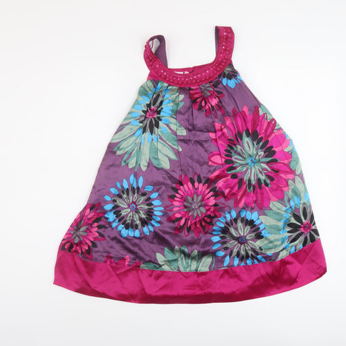 Monsoon Girls Multicoloured Floral Silk A-Line Size 9-10 Years Round Neck Button