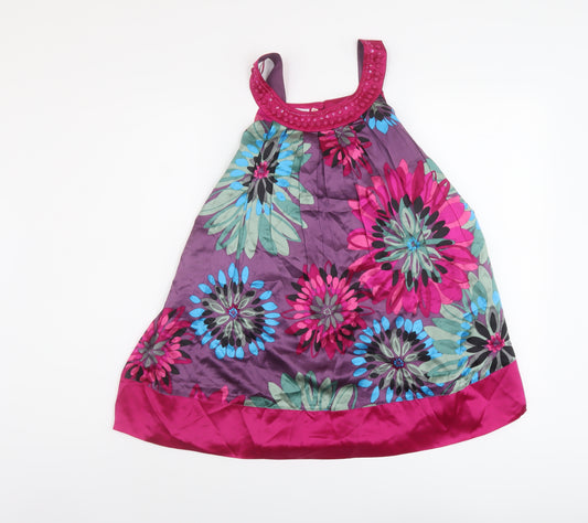 Monsoon Girls Multicoloured Floral Silk A-Line Size 9-10 Years Round Neck Button