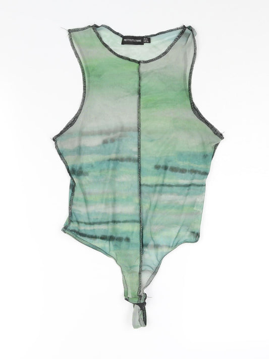 PRETTYLITTLETHING Womens Green Tie Dye Polyester Bodysuit One-Piece Size 12 Snap - Semi Sheer