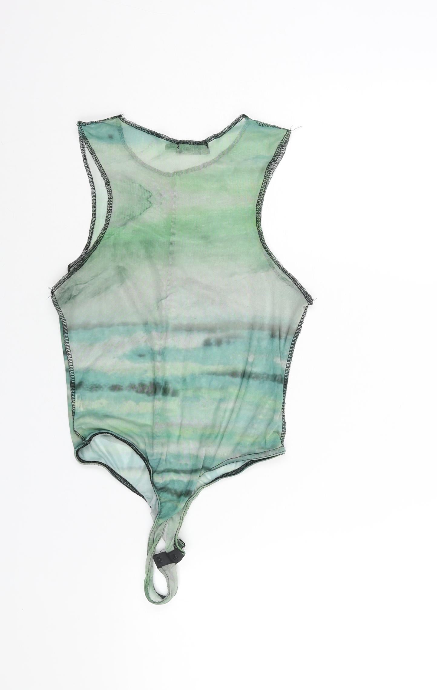 PRETTYLITTLETHING Womens Green Tie Dye Polyester Bodysuit One-Piece Size 12 Snap - Semi Sheer