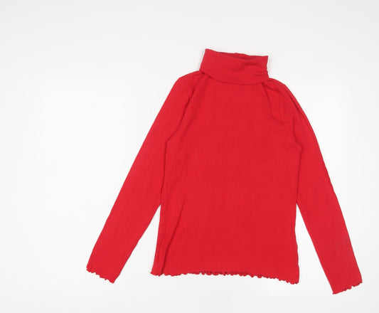 Marks and Spencer Girls Red Cotton Basic Casual Size 13-14 Years Roll Neck Pullover - Lettuce Edging