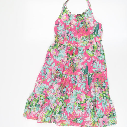 Monsoon Girls Pink Floral Cotton A-Line Size 7-8 Years Halter Tie - Tassled, Sequins