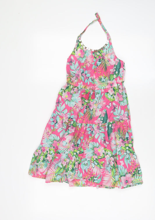 Monsoon Girls Pink Floral Cotton A-Line Size 7-8 Years Halter Tie - Tassled, Sequins