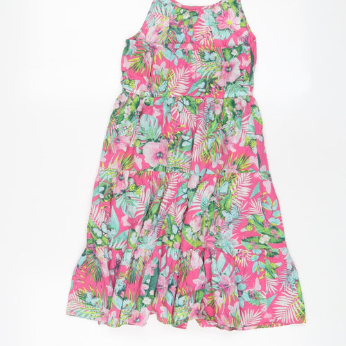 Monsoon Girls Pink Floral Cotton A-Line Size 7-8 Years Halter Tie - Tassled, Sequins