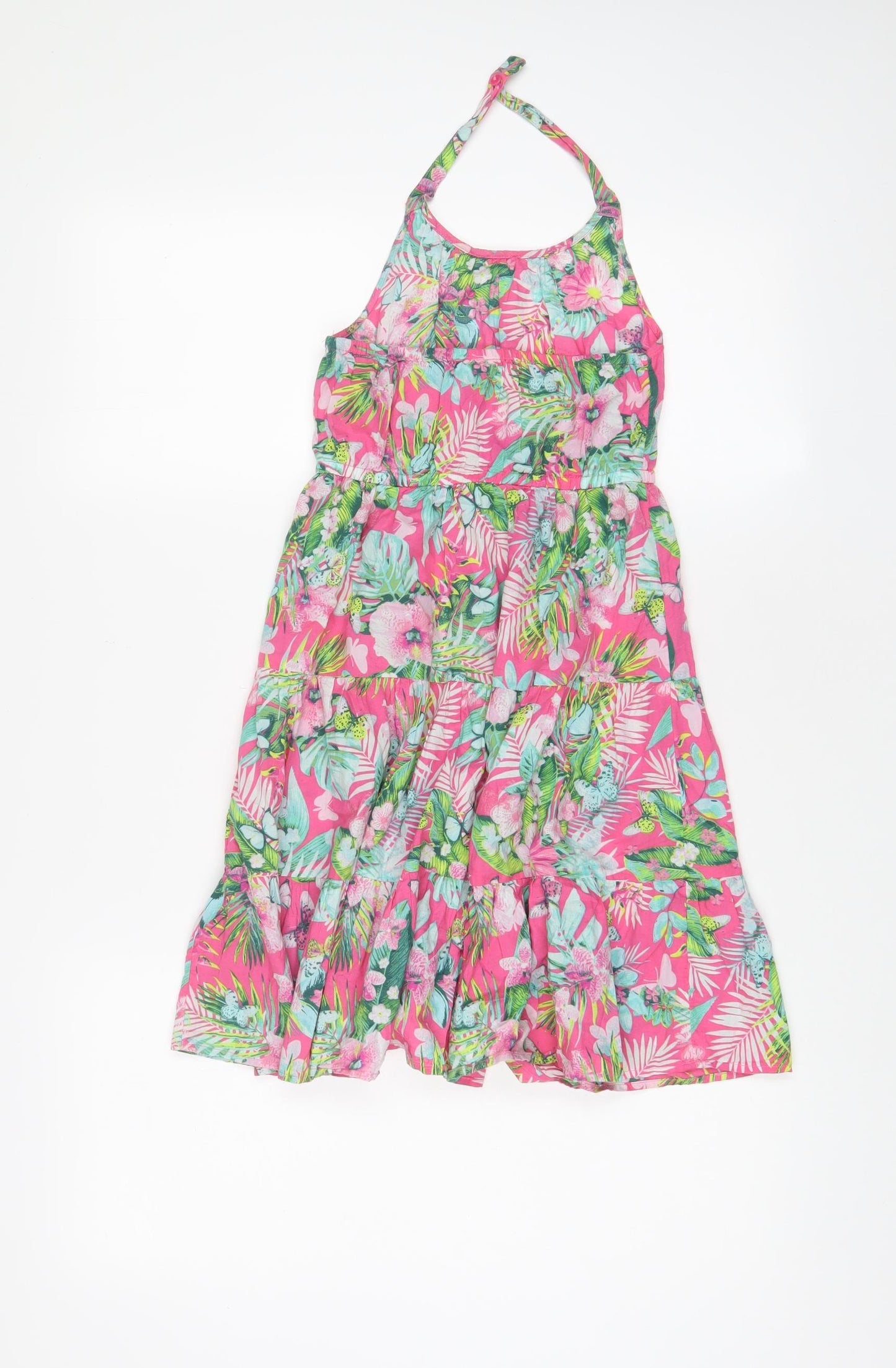 Monsoon Girls Pink Floral Cotton A-Line Size 7-8 Years Halter Tie - Tassled, Sequins