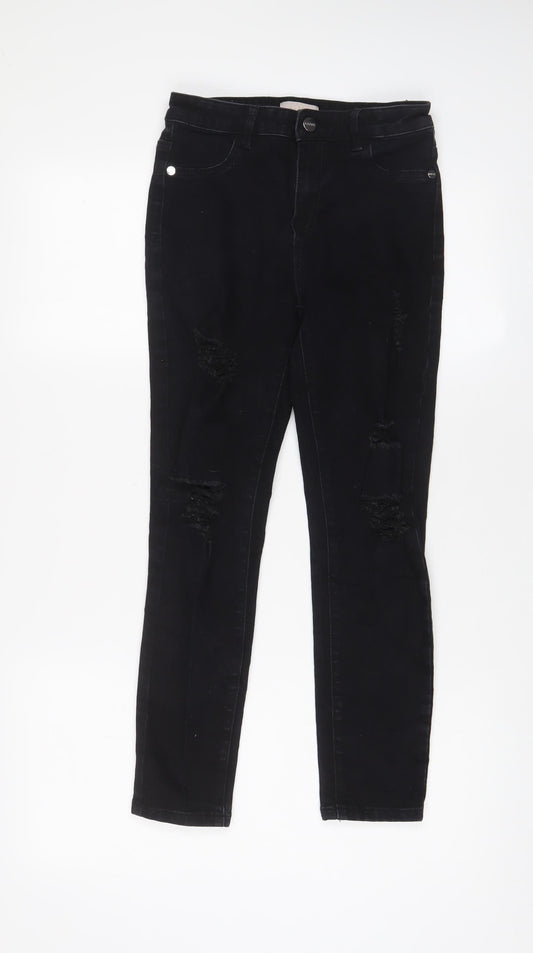 Lipsy Girls Black Cotton Skinny Jeans Size 13 Years L25 in Regular Zip - Distressed, Pockets