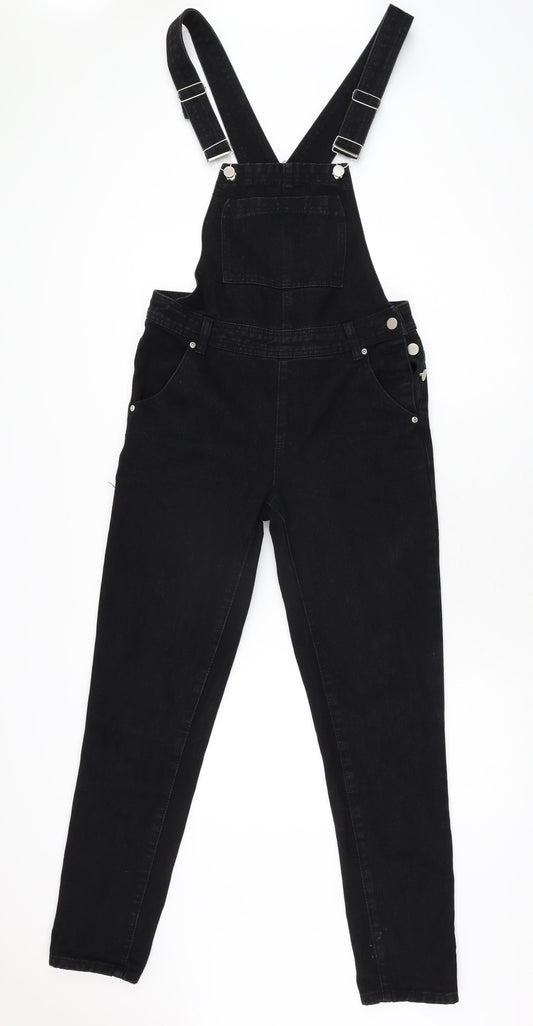 Boohoo Womens Black Cotton Dungaree One-Piece Size 8 L30 in Button