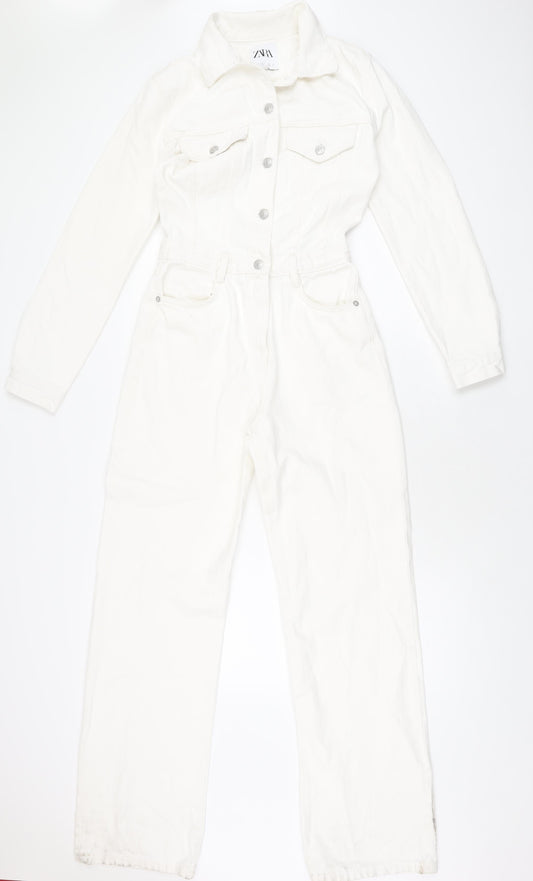 Zara Womens White Cotton Jumpsuit One-Piece Size M L32 in Button