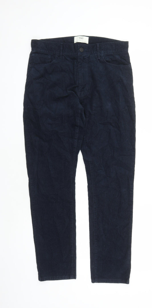 Marks and Spencer Mens Blue Cotton Trousers Size 30 in L29 in Slim Zip - Pockets