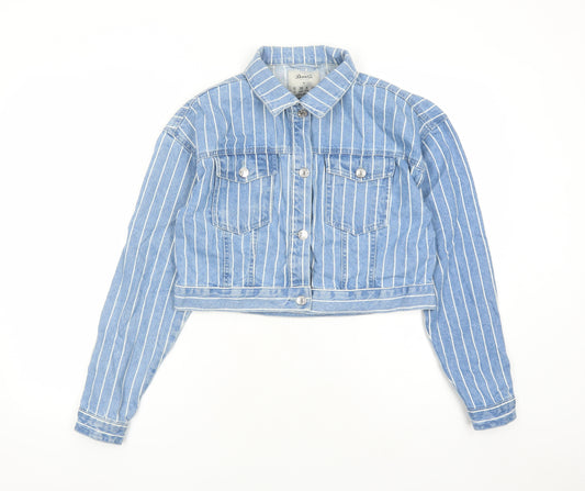 Denim & Co. Womens Blue Striped Jacket Size 10 Button