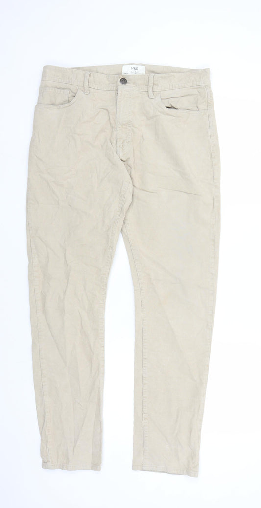 Marks and Spencer Mens Beige Cotton Trousers Size 34 in L31 in Slim Zip - Pockets