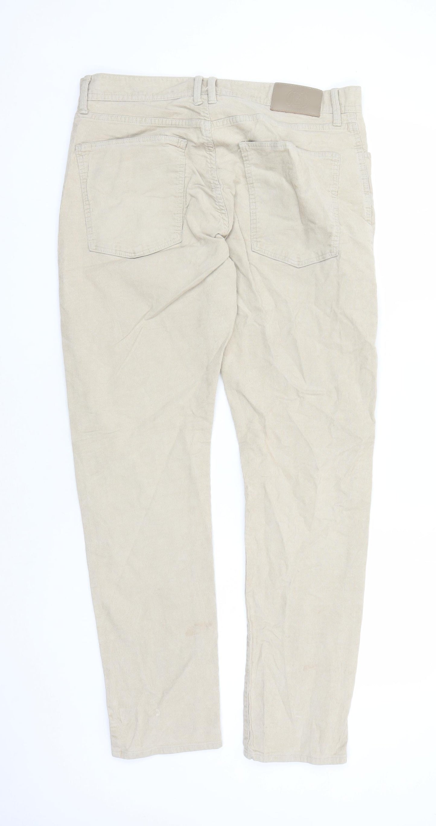 Marks and Spencer Mens Beige Cotton Trousers Size 34 in L31 in Slim Zip - Pockets