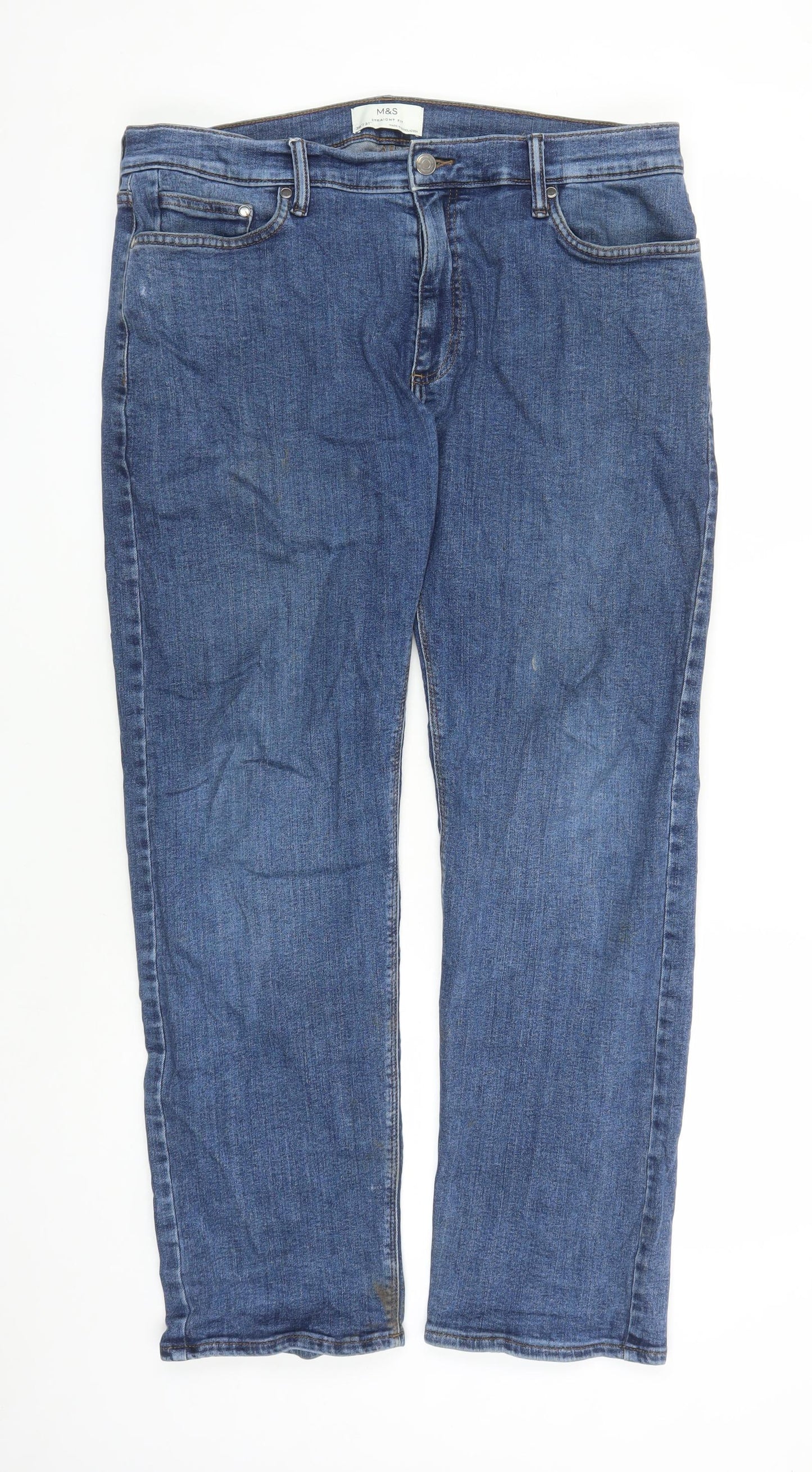 Marks and Spencer Mens Blue Cotton Straight Jeans Size 36 in L31 in Regular Zip - Pockets