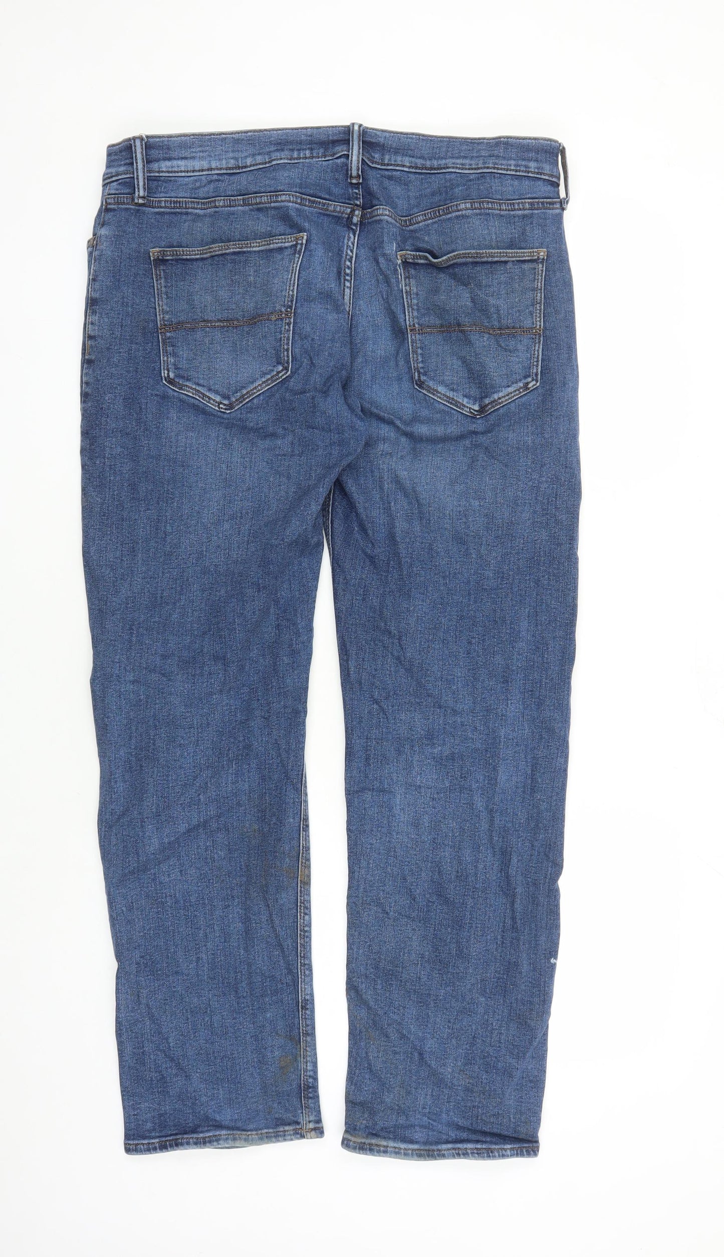 Marks and Spencer Mens Blue Cotton Straight Jeans Size 36 in L31 in Regular Zip - Pockets