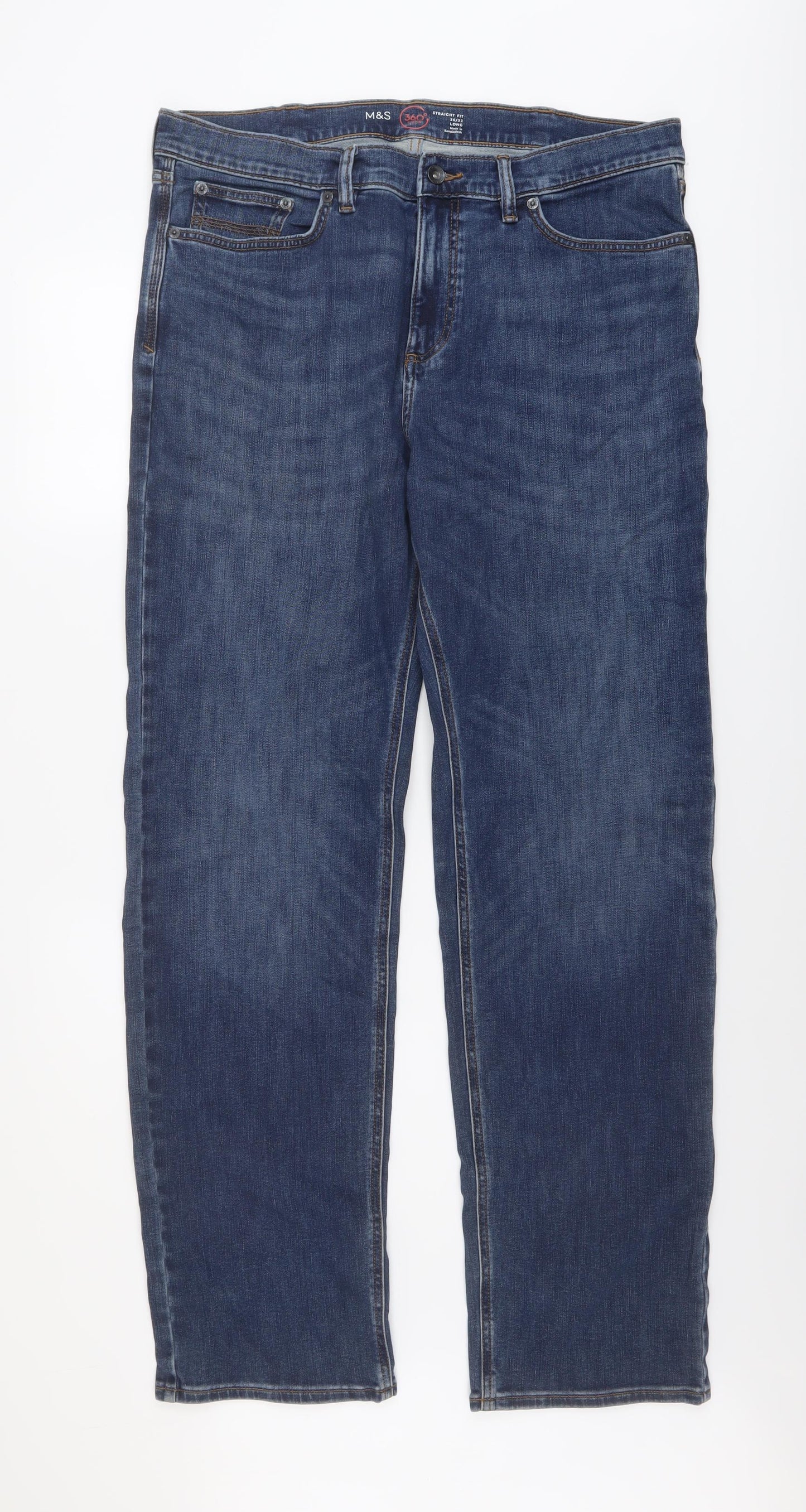 Marks and Spencer Mens Blue Cotton Straight Jeans Size 36 in L33 in Regular Button