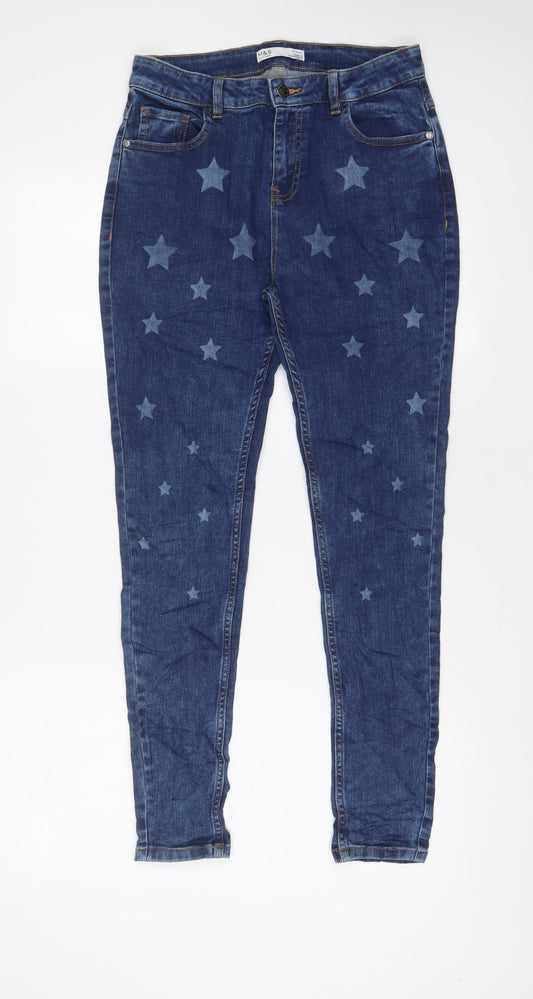 Marks and Spencer Girls Blue Geometric Cotton Skinny Jeans Size 13-14 Years L28 in Regular Zip - Star Pattern