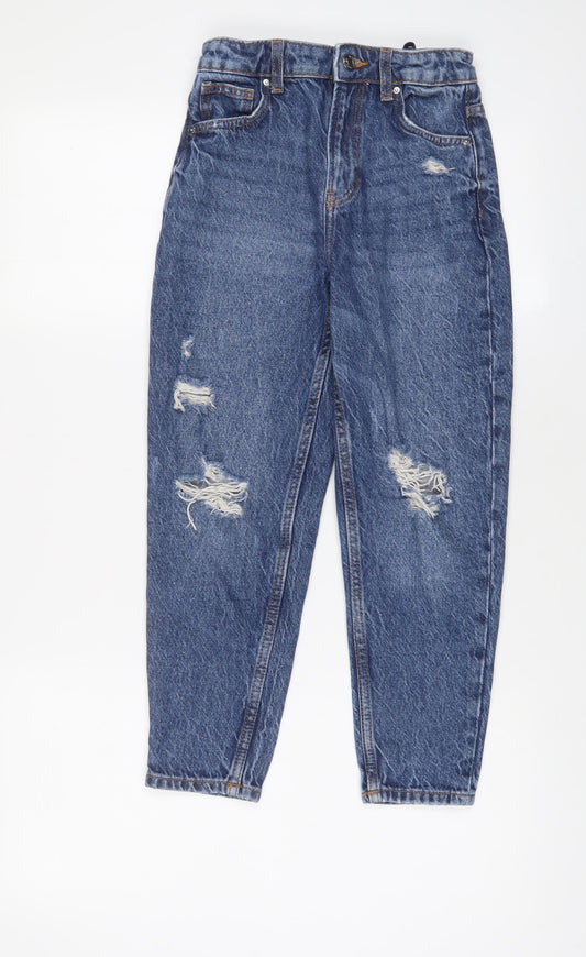 Denim & Co. Girls Blue Cotton Boyfriend Jeans Size 9-10 Years Regular Zip - Distressed, Pockets