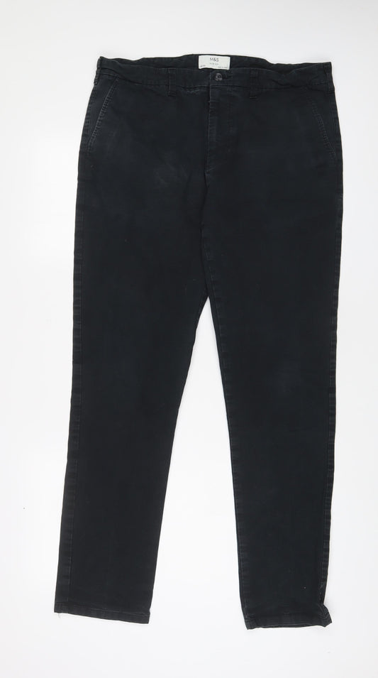 Marks and Spencer Mens Black Cotton Trousers Size 34 in L33 in Slim Zip - Long Leg, Pockets