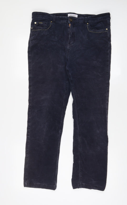 Marks and Spencer Womens Blue Cotton Trousers Size 14 L28 in Regular Zip - Studded