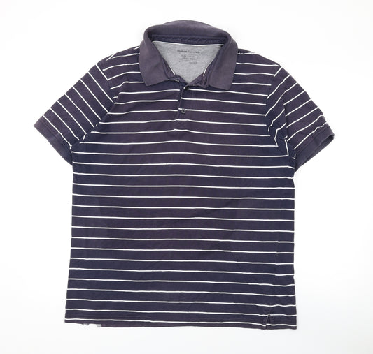 Marks and Spencer Mens Blue Striped Cotton Polo Size L Collared Button