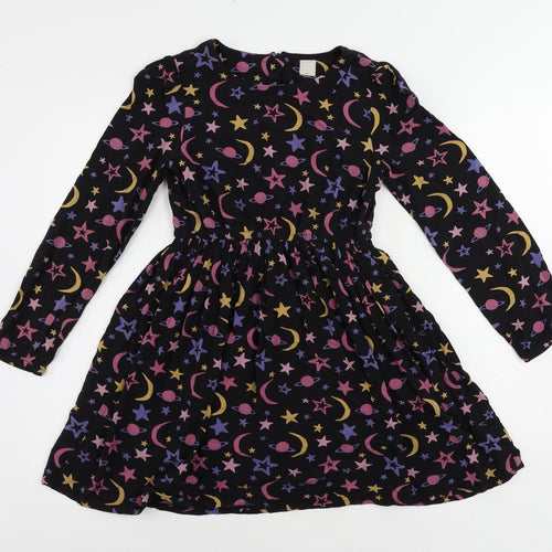 John Lewis Girls Black Geometric Viscose Fit & Flare Size 10 Years Round Neck Zip - Moon and Stars