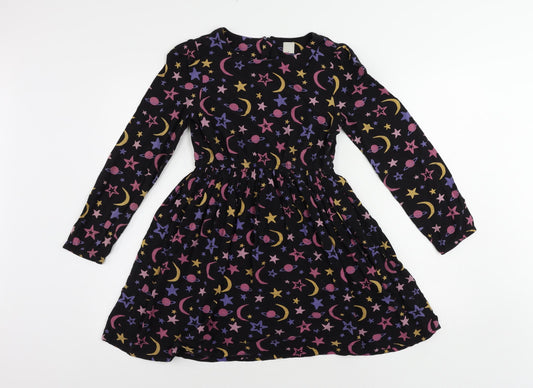 John Lewis Girls Black Geometric Viscose Fit & Flare Size 10 Years Round Neck Zip - Moon and Stars