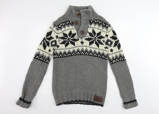 Superdry Mens Grey High Neck Fair Isle Wool Pullover Jumper Size M Long Sleeve