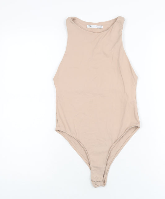 Zara Womens Beige Polyamide Bodysuit One-Piece Size S Snap