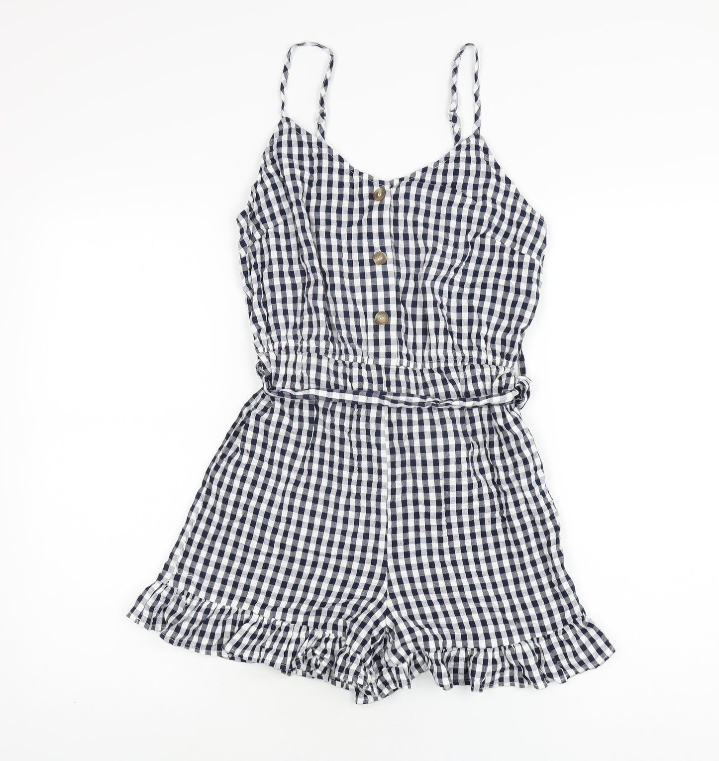 New Look Womens Blue Gingham Cotton Playsuit One-Piece Size 8 L3 in Button