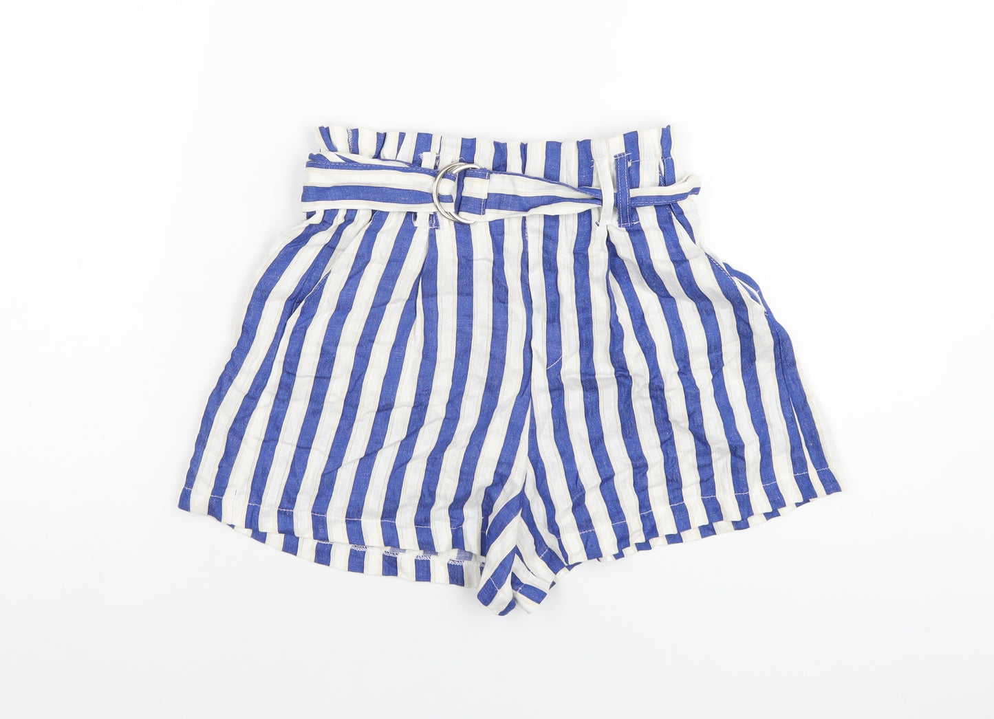 Bershka Womens Blue Striped Vinyl Paperbag Shorts Size S Regular Pull On