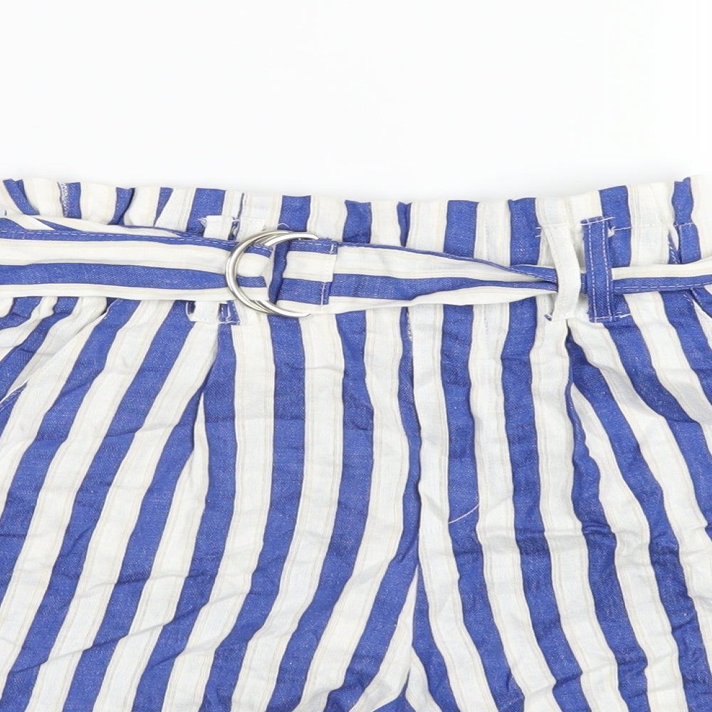 Bershka Womens Blue Striped Vinyl Paperbag Shorts Size S Regular Pull On