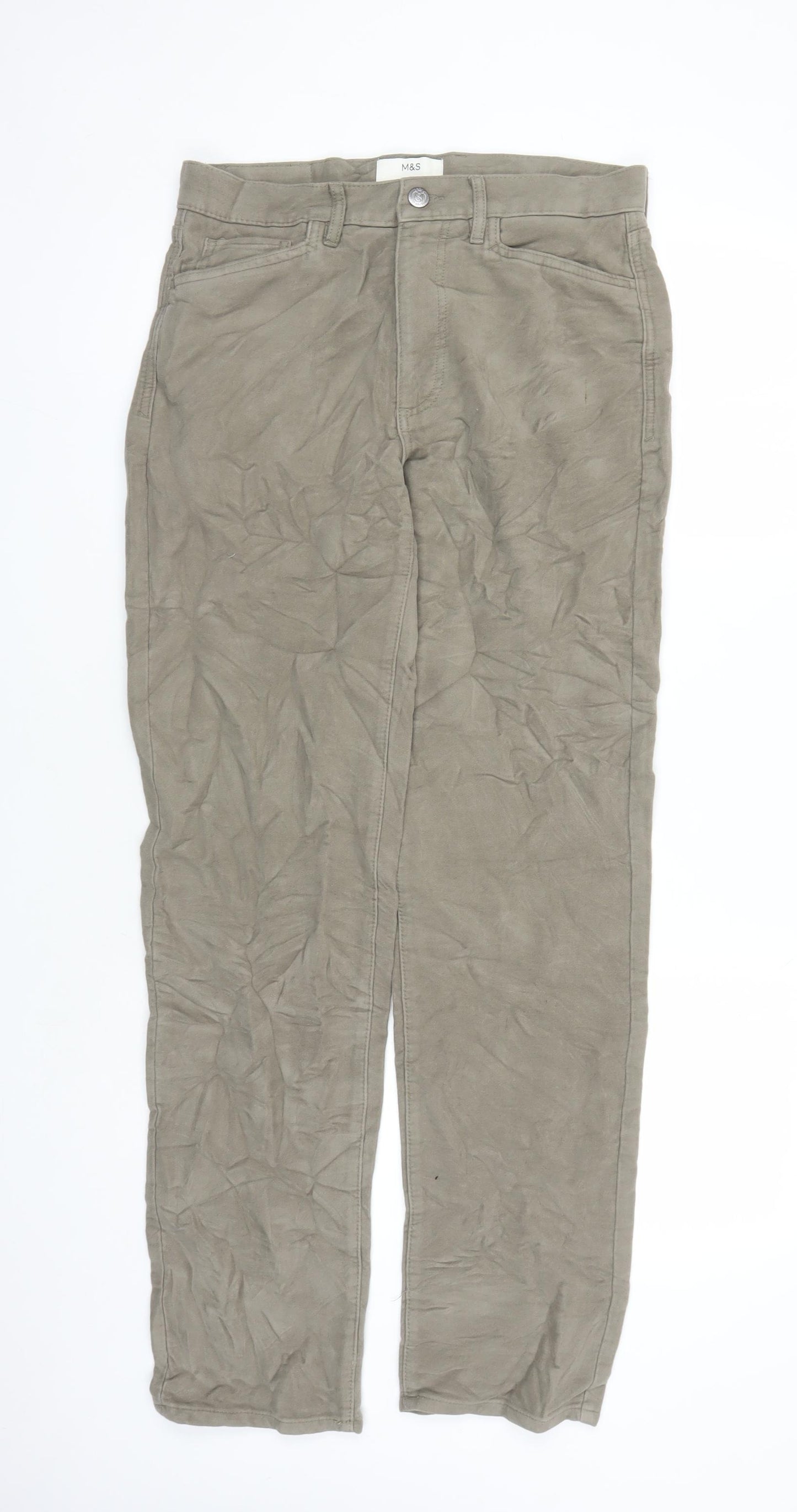 Marks and Spencer Mens Beige Cotton Trousers Size 30 in L33 in Regular Zip - Pockets