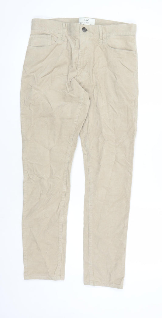 Marks and Spencer Mens Beige Cotton Trousers Size 30 in L29 in Regular Zip - Pockets