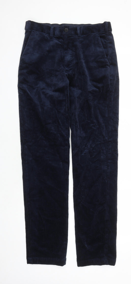 Marks and Spencer Mens Blue Cotton Trousers Size 30 in L33 in Regular Zip - Pockets