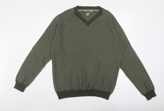 Fat Face Mens Green V-Neck Striped Wool Pullover Jumper Size M Long Sleeve