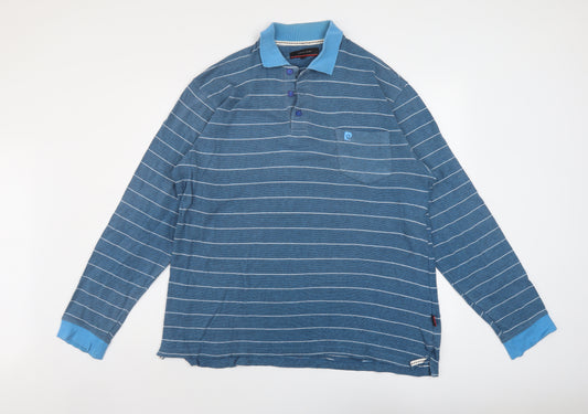 Pierre Cardin Mens Blue Striped Cotton Polo Size L Collared Button