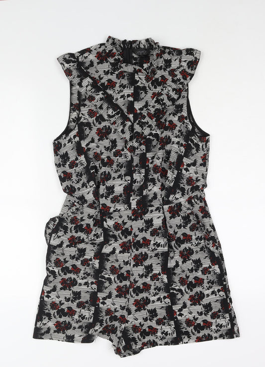 Topshop Womens Black Geometric Vinyl Playsuit One-Piece Size 12 Zip - Frill Detail Floral Print