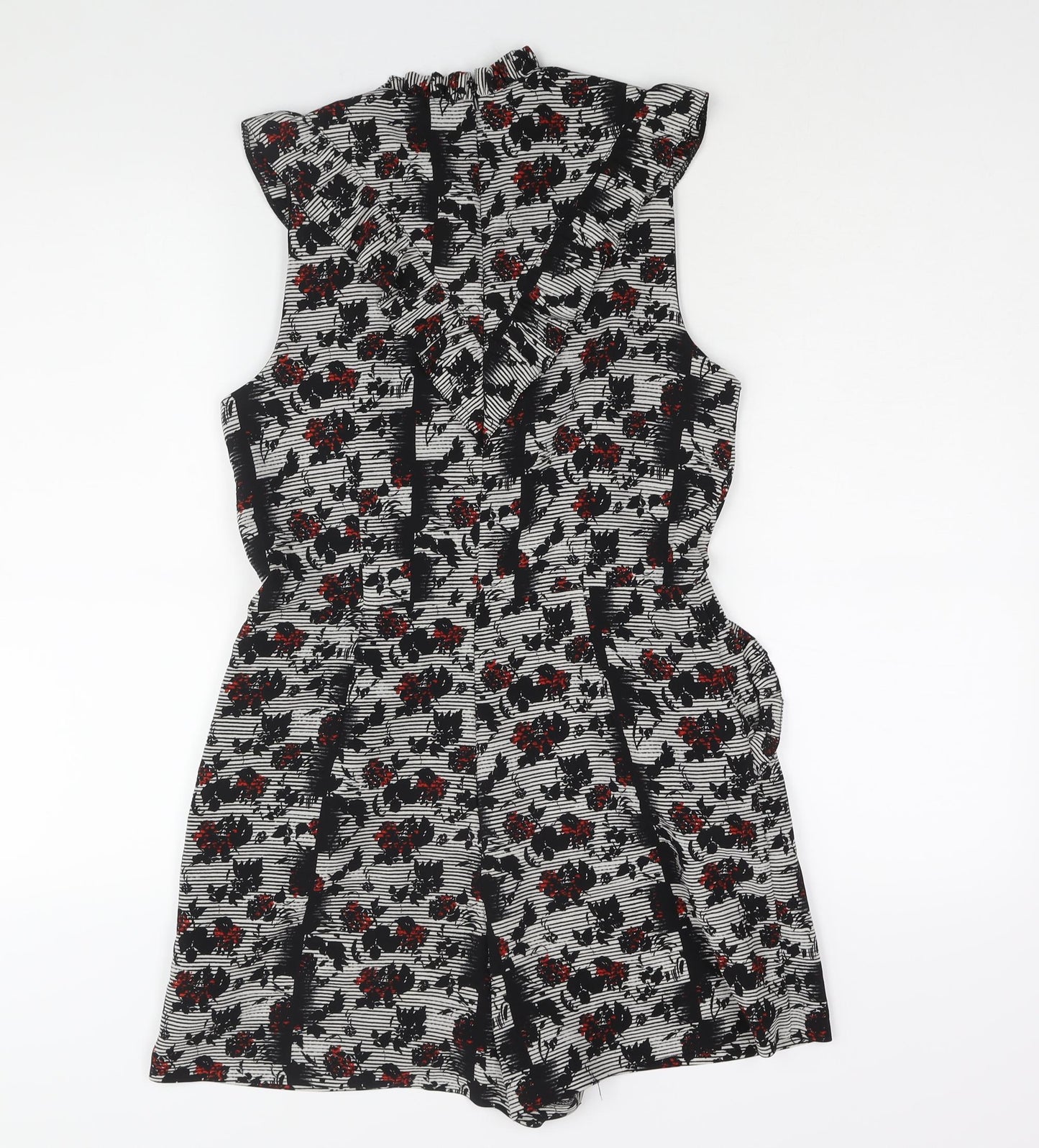 Topshop Womens Black Geometric Vinyl Playsuit One-Piece Size 12 Zip - Frill Detail Floral Print